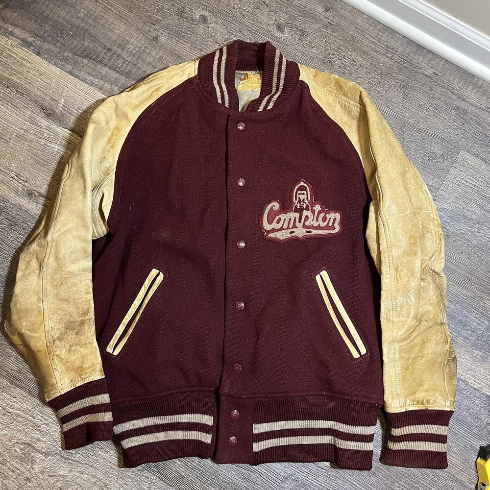 1950's Compton College Varsity Letterman Jacket Size 42 Wool Leather USA